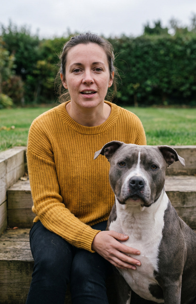 An owner on a garden deck with her pit bull