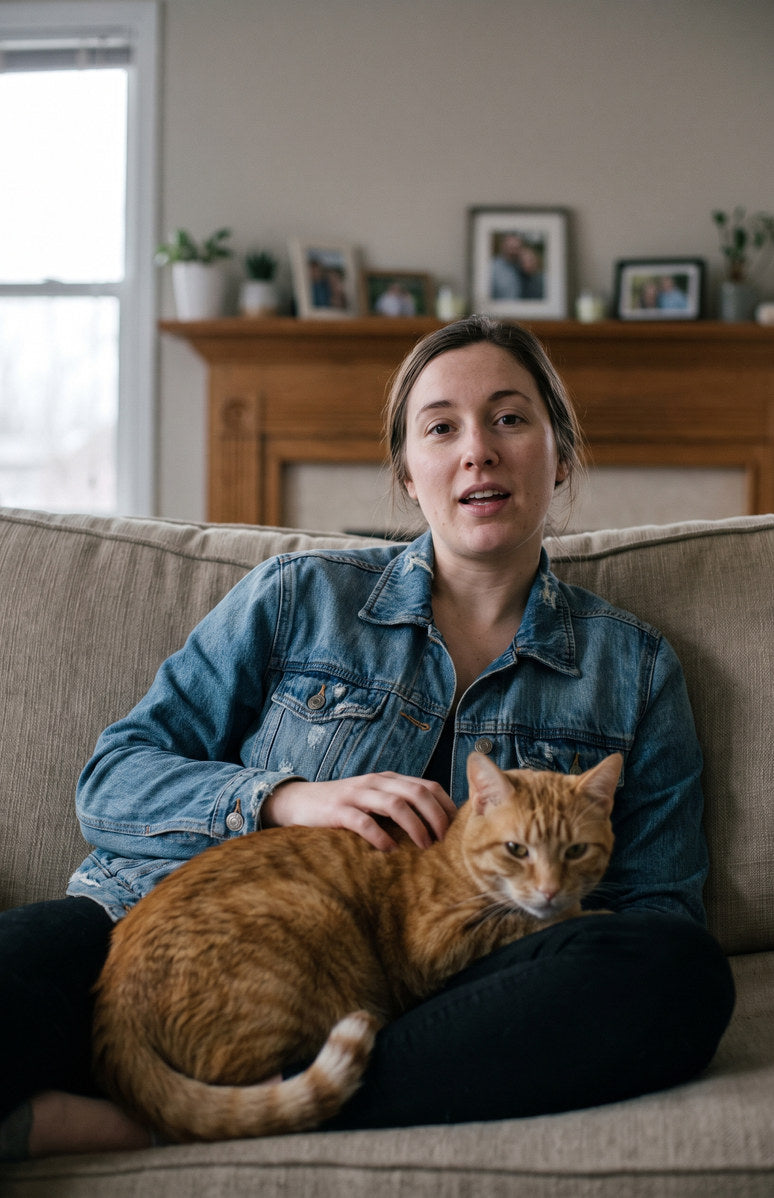 An owner on a sofa with her ginger cat