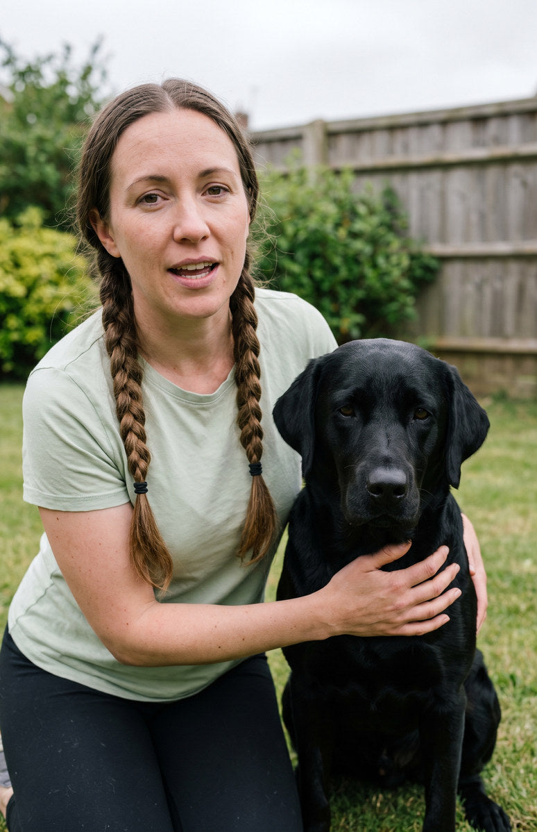 An owner kneeling on the grass beside her black labrador