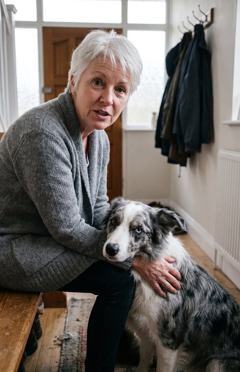 An owner on a hallway bench with her border collie
