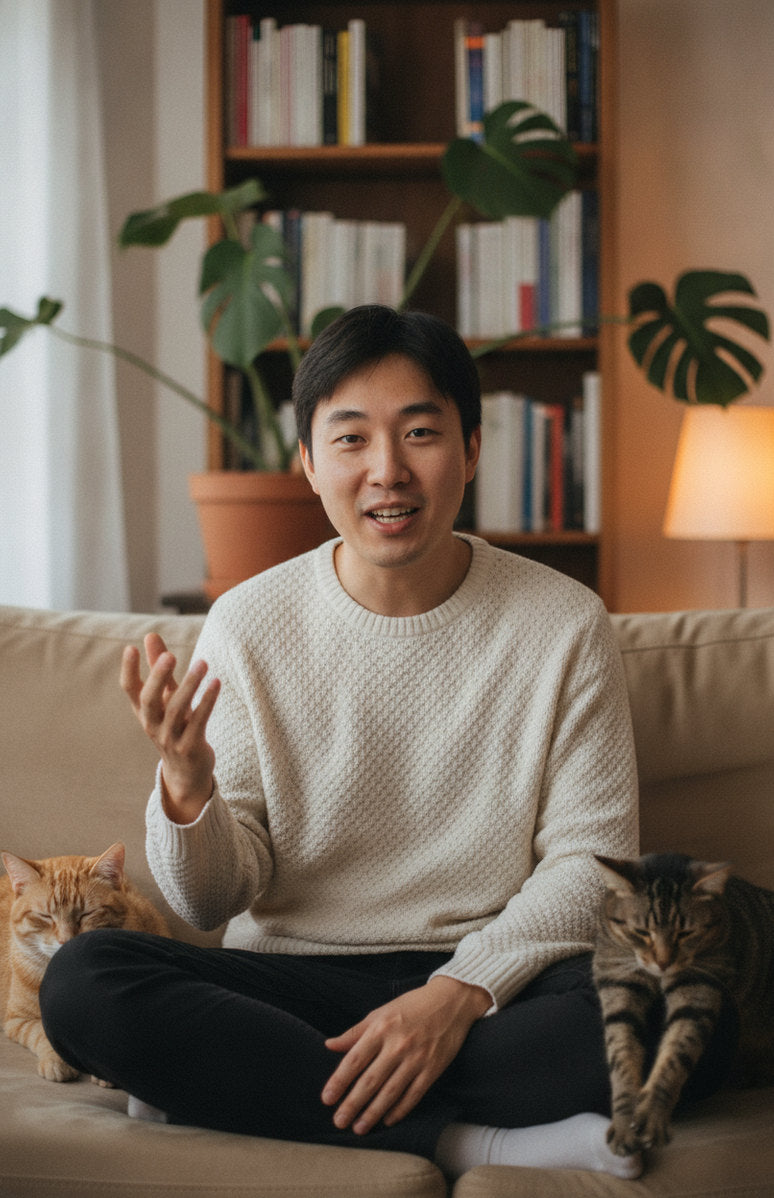 An owner on a sofa with his two tabby cats