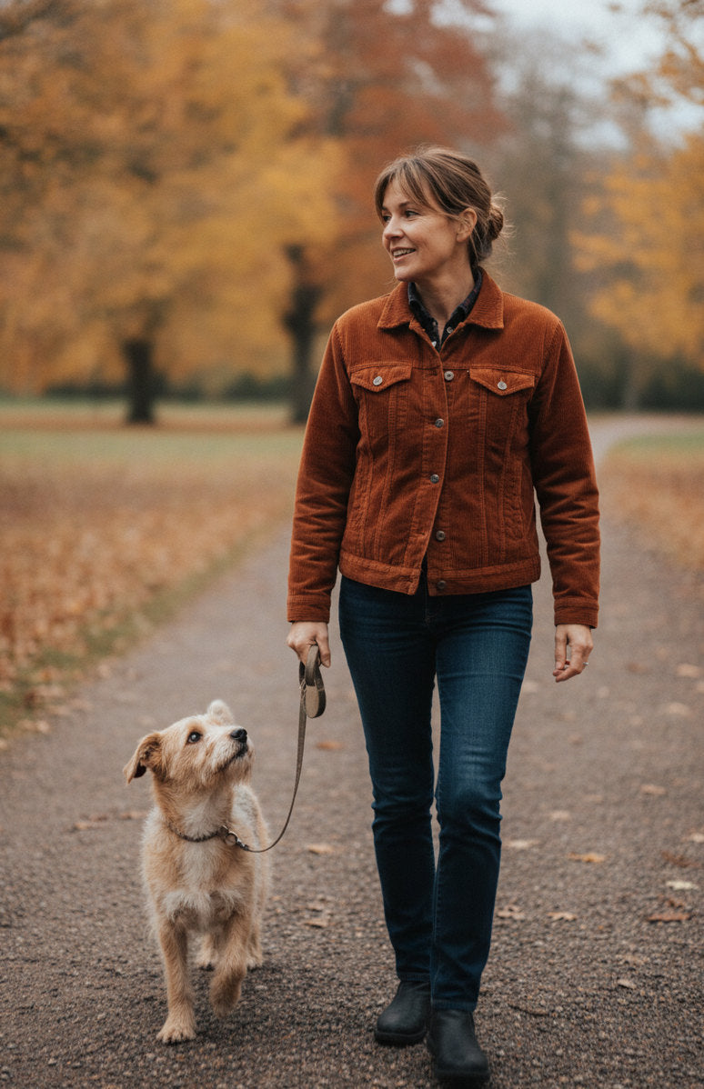 An owner walking her terrier on a park path
