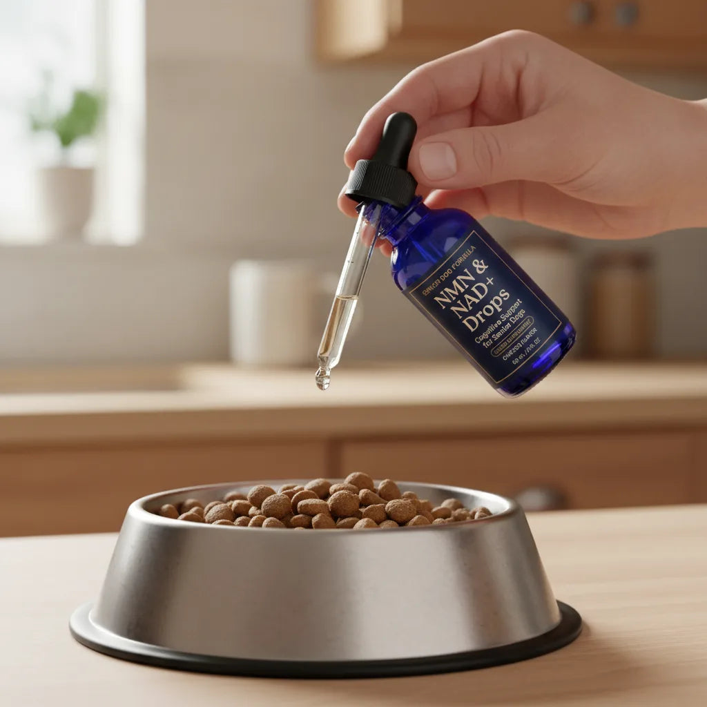 A dropper of Pawsy Second Wind held above a bowl of dog food