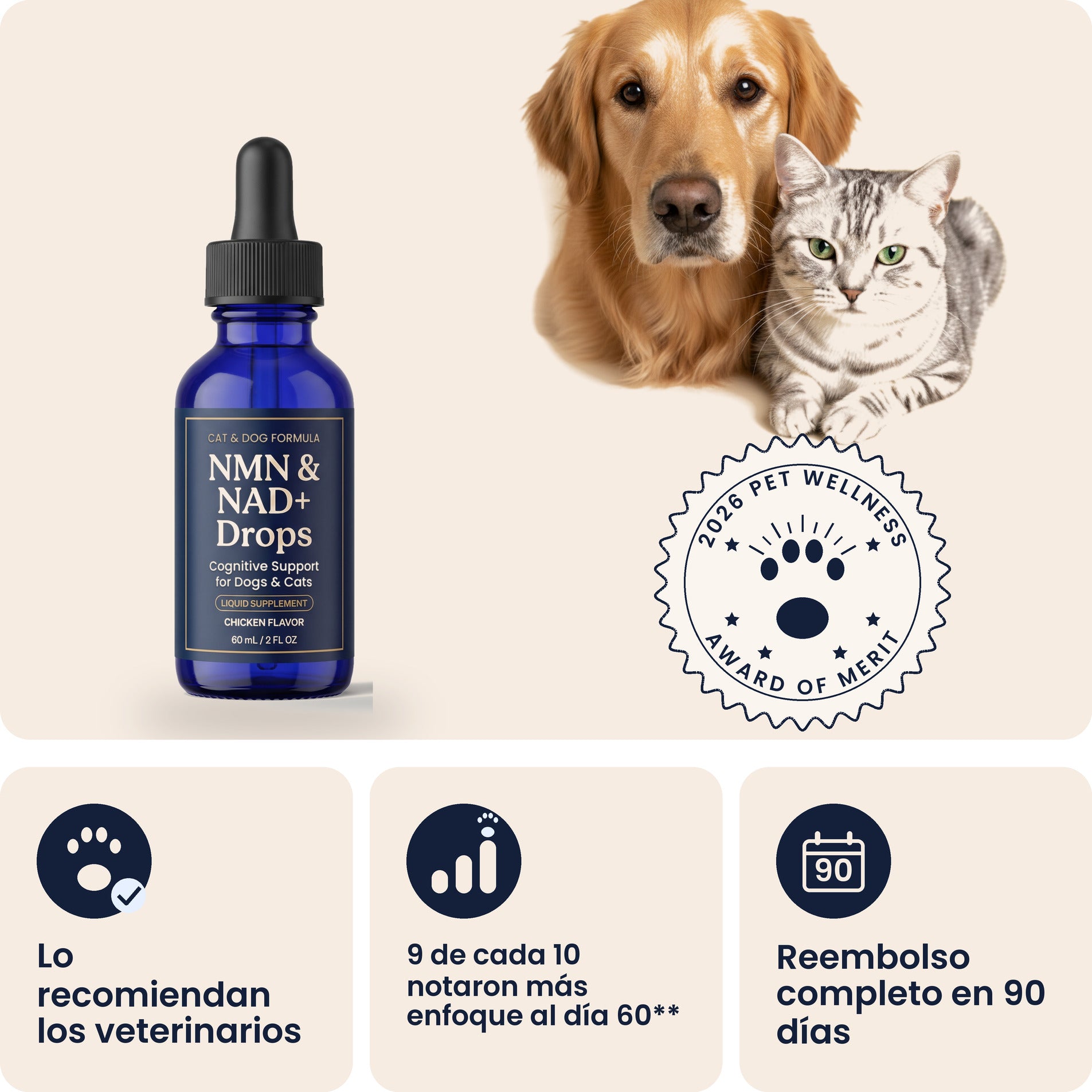 Frasco de gotas de NMN y NAD+ de Pawsy con un perro y un gato, lo recomiendan los veterinarios, con reembolso completo en 90 días