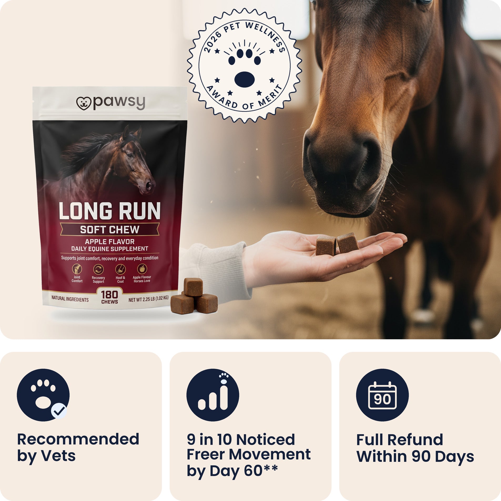 Pawsy Long Run apple soft chews with a horse, recommended by vets, with a full refund within 90 days
